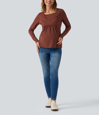 Boat Neck Long Sleeve Crossover Casual Maternity Top
