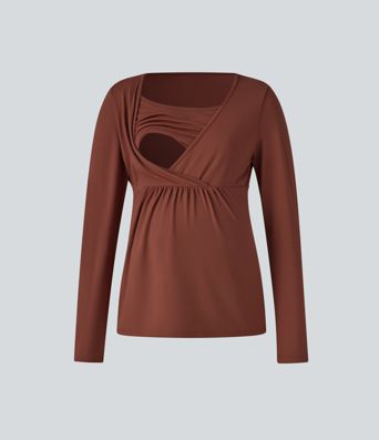 Boat Neck Long Sleeve Crossover Casual Maternity Top