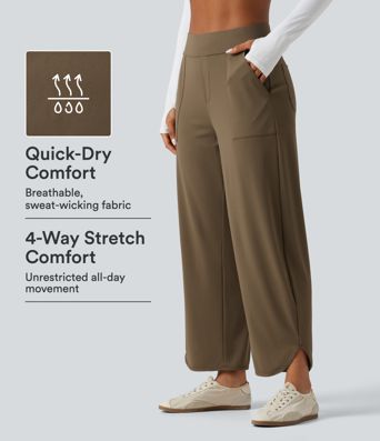 High Waisted Barrel Leg Curved Hem Quick Dry Dance Pants with Pockets-UPF40+