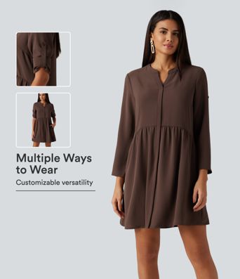 Notched Collar Long Sleeve Mini Casual Shirt Dress with Pockets