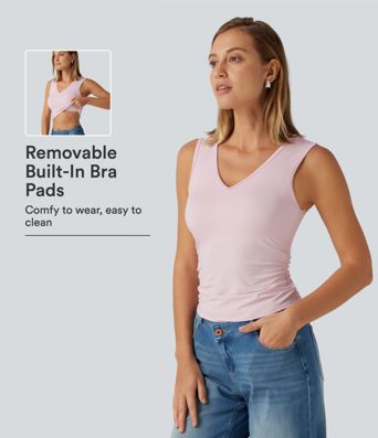 V Neck Ruched Built-in Bra Casual Tank Top V Neck Ruched Built-in Bra Casual Tank Top