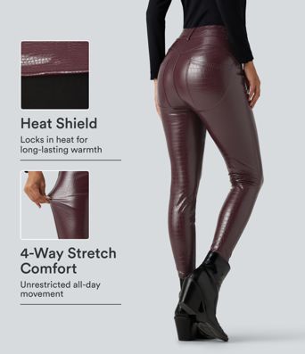 High Waisted Snakeskin Print Stretchy PU Fleece Casual Leggings with Pockets