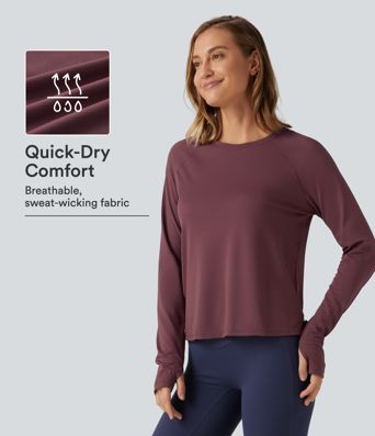 Schnelltrocknendes Lauf-Sporttop mit Rundhalsausschnitt, Mesh, Raglan-Langärmeln und Daumenlöchern