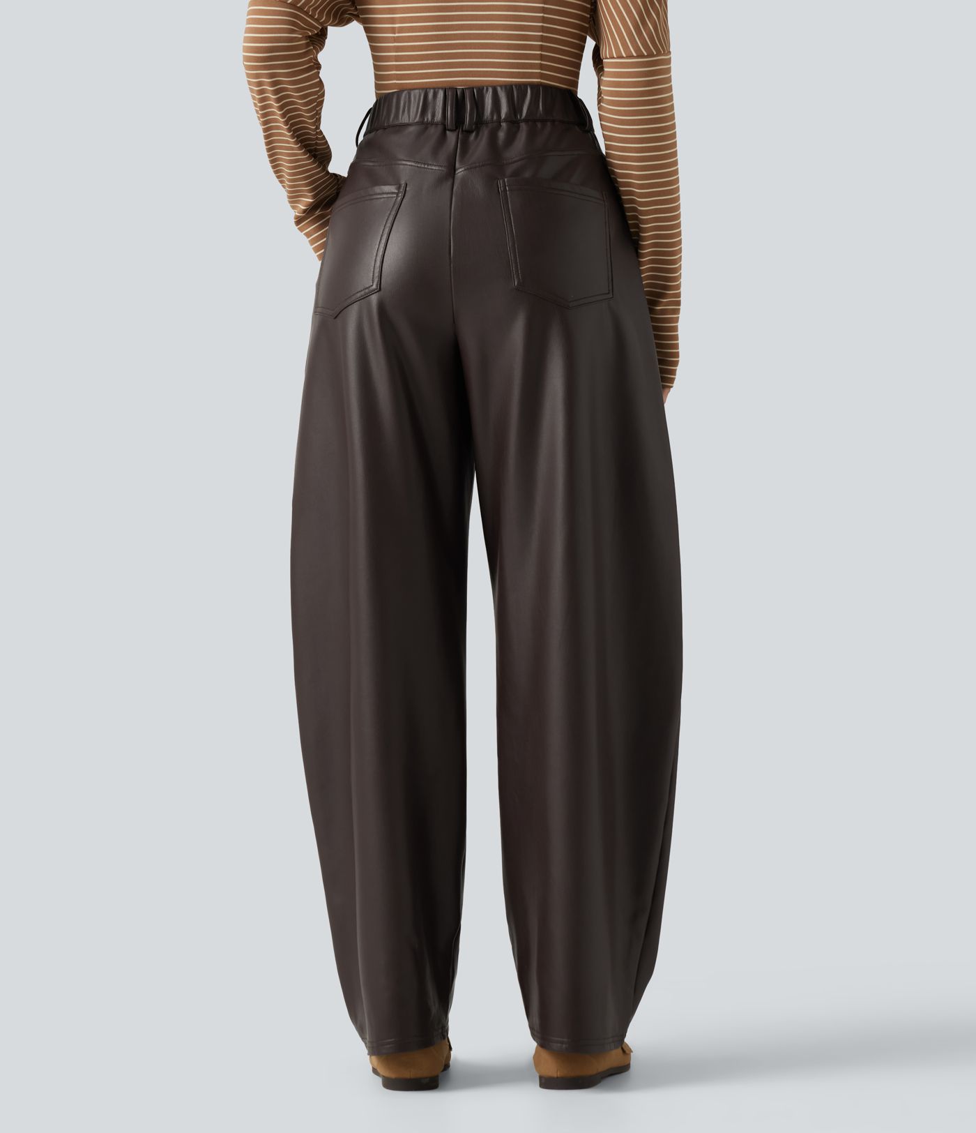 High Waisted Barrel Leg Stretchy PU Fleece Casual Pants with Pockets