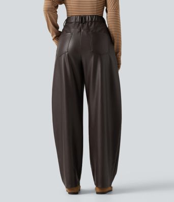 High Waisted Barrel Leg Stretchy PU Fleece Casual Pants with Pockets
