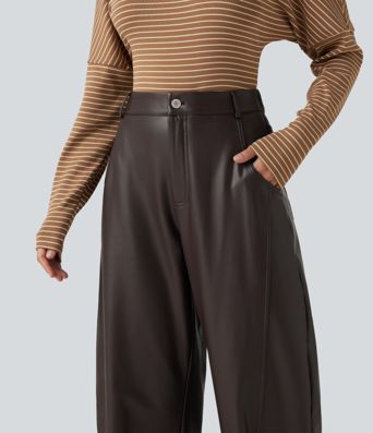 High Waisted Barrel Leg Stretchy PU Fleece Casual Pants with Pockets