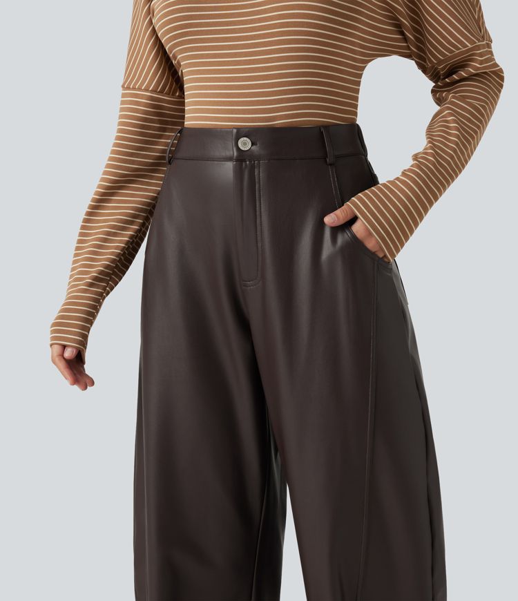 High Waisted Barrel Leg Stretchy PU Fleece Casual Pants with Pockets