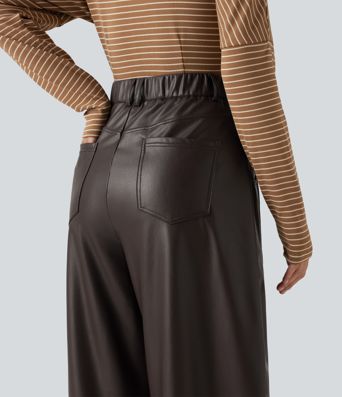 High Waisted Barrel Leg Stretchy PU Fleece Casual Pants with Pockets