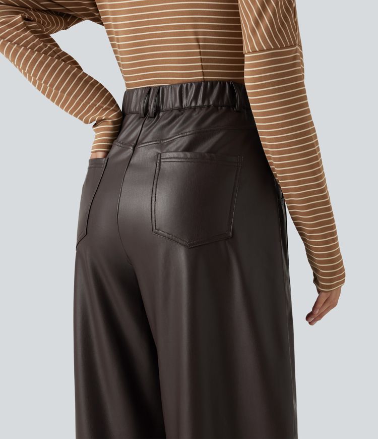 High Waisted Barrel Leg Stretchy PU Fleece Casual Pants with Pockets