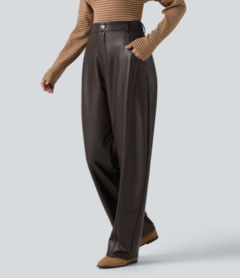 High Waisted Barrel Leg Stretchy PU Fleece Casual Pants with Pockets