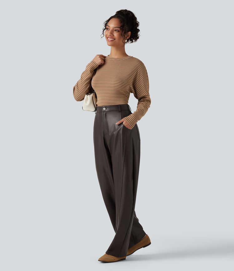 High Waisted Barrel Leg Stretchy PU Fleece Casual Pants with Pockets
