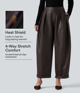 High Waisted Barrel Leg Stretchy PU Fleece Casual Pants with Pockets