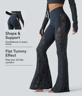 Halara UltraSculpt™ High-Waist Yoga-Flare-Leggings mit überkreuztem, bauchformendem Bund, kontrastierender Spitze und Taschen