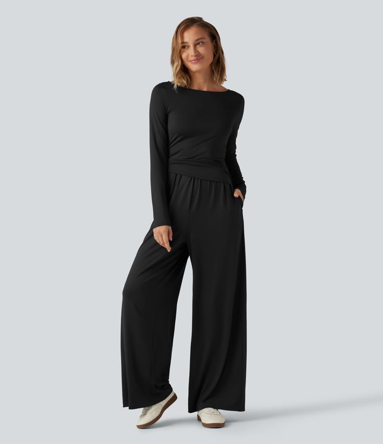 Boat Neck Long Sleeve Wide Leg Ruched Casual Jumpsuit with Pockets-Easy Peezy Edition