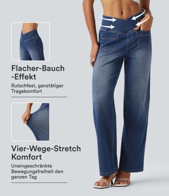 Halara Flex™ - Lässige Jeans mit hohem Crossover-Bund, mehreren Taschen, Bauchkontrolle und geradem Bein