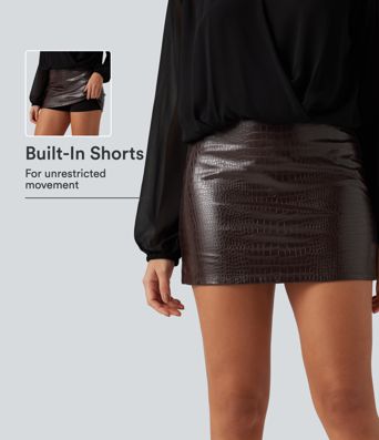 High Waisted 2-in-1 Snakeskin Print Stretchy PU Fleece Mini Casual Skirt High Waisted 2-in-1 Snakeskin Print Stretchy PU Fleece Mini Casual Skirt