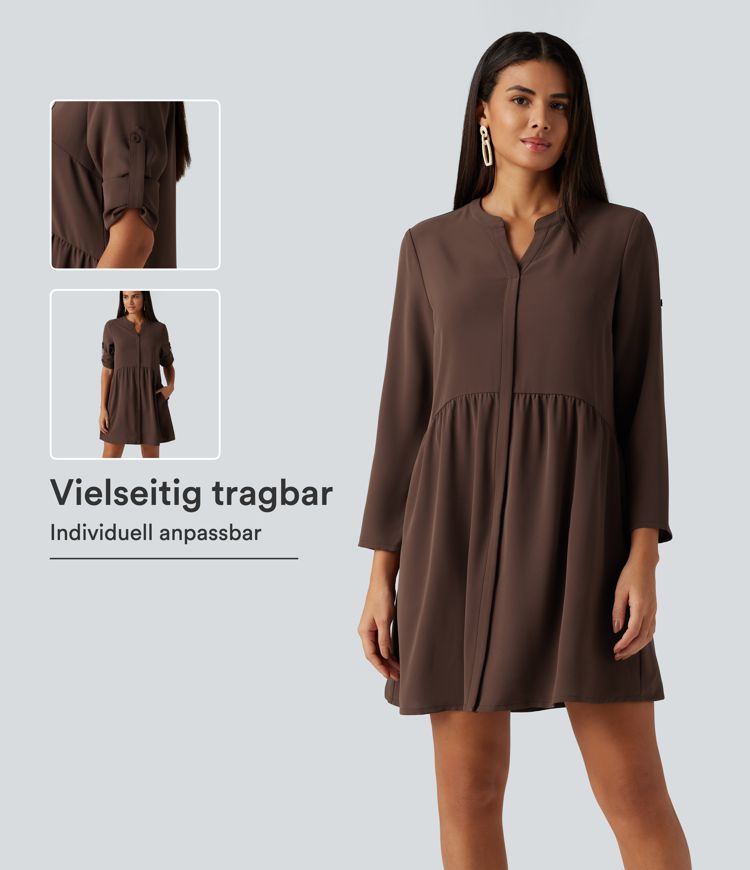 Lässiges Hemd-Minikleid mit Reverskragen, Seitentaschen und langen Ärmeln Lässiges Hemd-Minikleid mit Reverskragen, Seitentaschen und langen Ärmeln