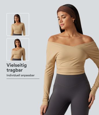 SoftlyZero Airy - Gerafftes Yoga-Sport-Top mit V-Ausschnitt, langen Ärmeln und InstantCool SoftlyZero Airy - Gerafftes Yoga-Sport-Top mit V-Ausschnitt, langen Ärmeln und InstantCool
