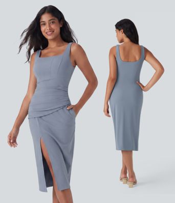 Robe moulante mi-longue SoftlyZero™ Airy col carré corset froncée effet frais InstantCool, bonnets E-G Robe moulante mi-longue SoftlyZero™ Airy col carré corset froncée effet frais InstantCool, bonnets E-G