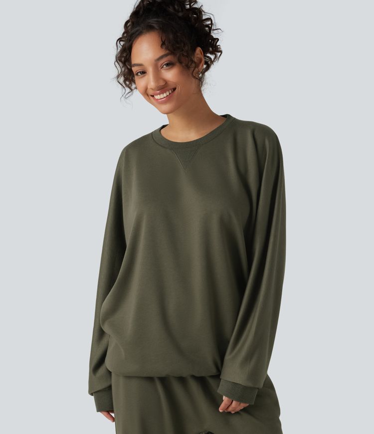 Ivy Green Round Neck Long Sleeve French Terry Casual Sweatshirt / 1