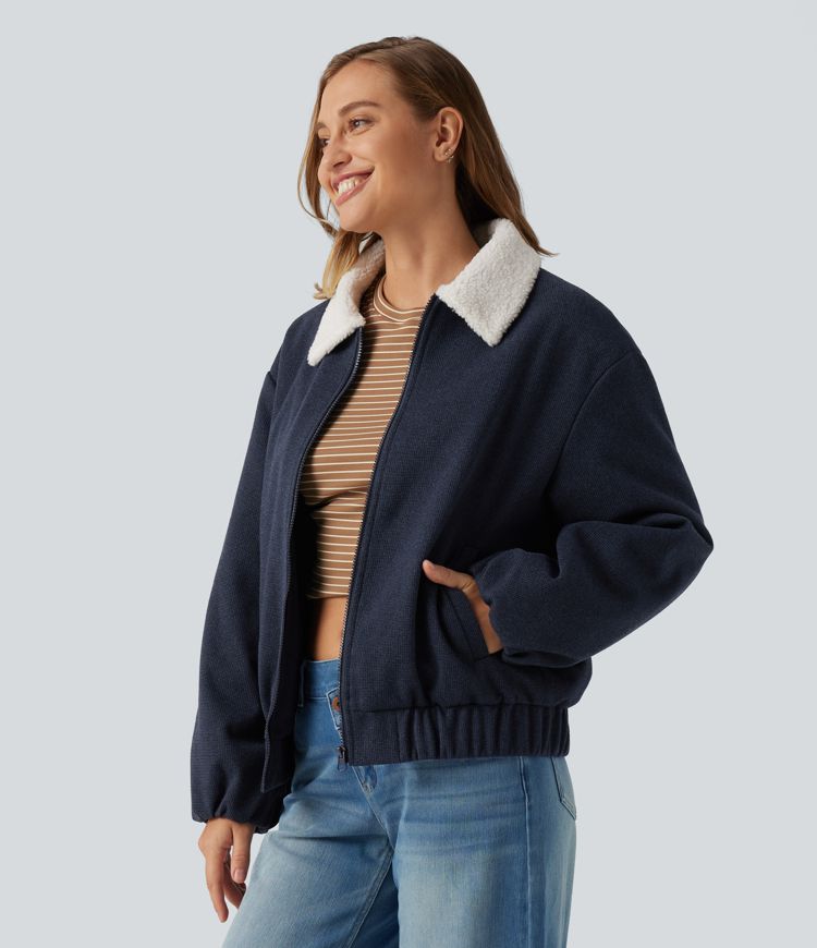 Collared Plaid Long Sleeve Casual Jacket with Pockets