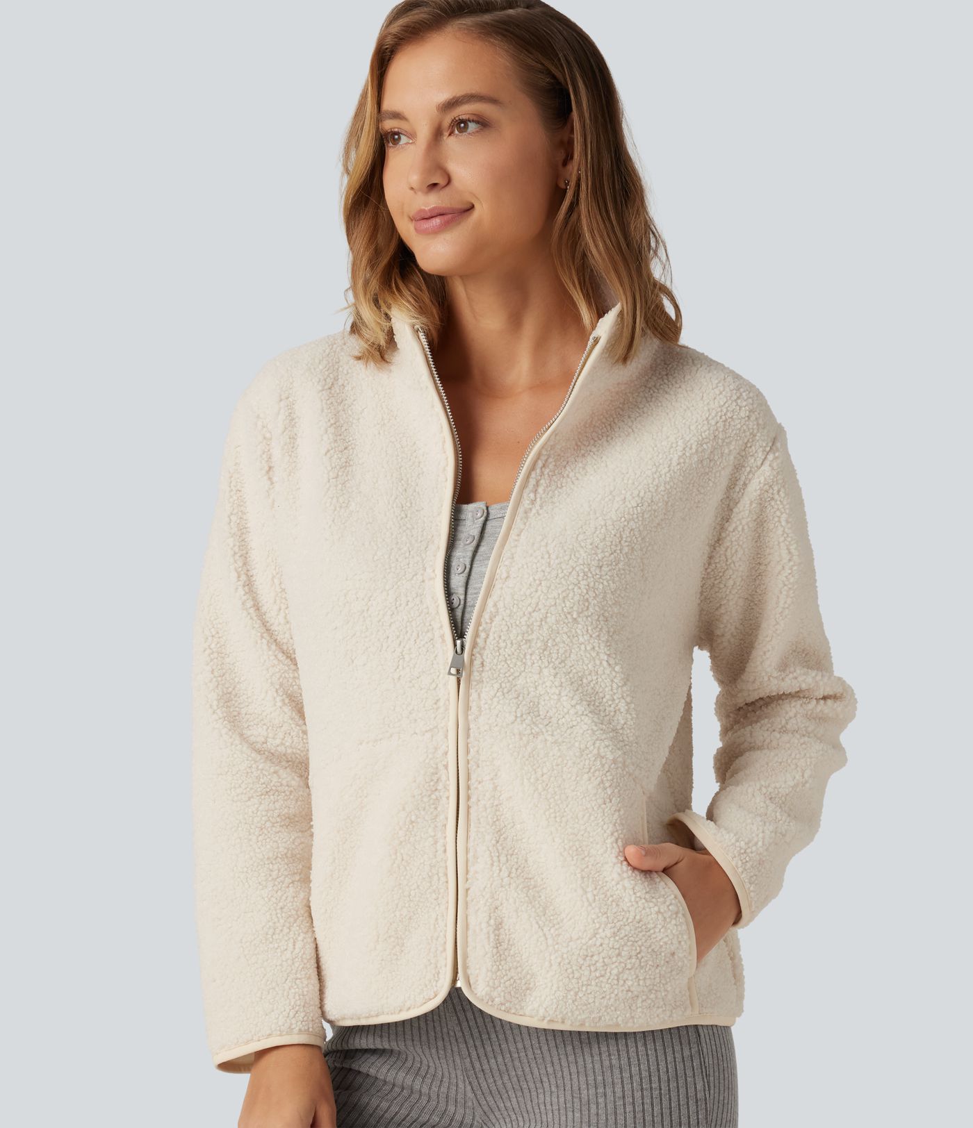 Long Sleeve Casual Sherpa Jacket with Pockets Long Sleeve Casual Sherpa Jacket with Pockets