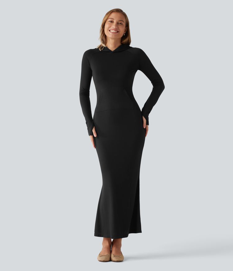 Hooded Long Sleeve Thumb Hole A-Line Maxi Casual Dress with Pocket