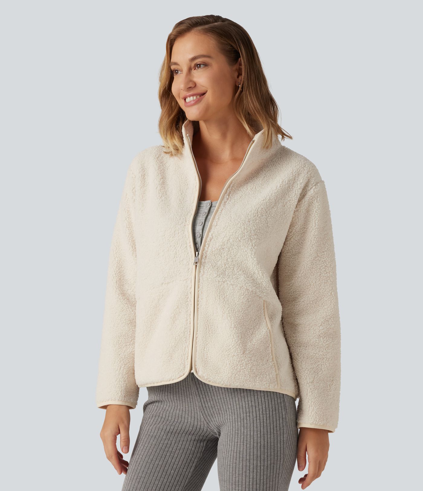 Long Sleeve Casual Sherpa Jacket with Pockets Long Sleeve Casual Sherpa Jacket with Pockets