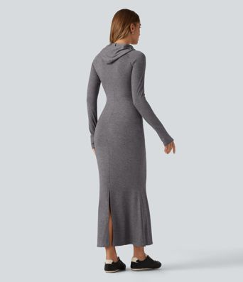 Robe maxi à capuche, manches longues, coupe trapèze et passe-pouces avec poche Robe maxi à capuche, manches longues, coupe trapèze et passe-pouces avec poche
