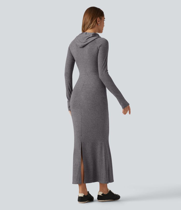 Robe maxi à capuche, manches longues, coupe trapèze et passe-pouces avec poche Robe maxi à capuche, manches longues, coupe trapèze et passe-pouces avec poche