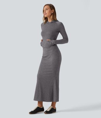 Robe maxi à capuche, manches longues, coupe trapèze et passe-pouces avec poche Robe maxi à capuche, manches longues, coupe trapèze et passe-pouces avec poche