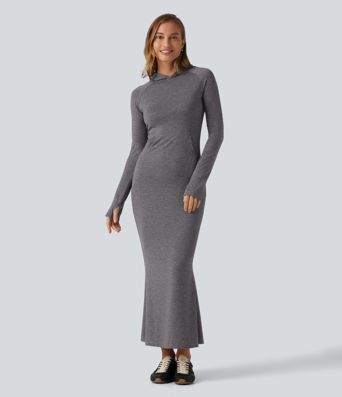 Robe maxi à capuche, manches longues, coupe trapèze et passe-pouces avec poche Robe maxi à capuche, manches longues, coupe trapèze et passe-pouces avec poche