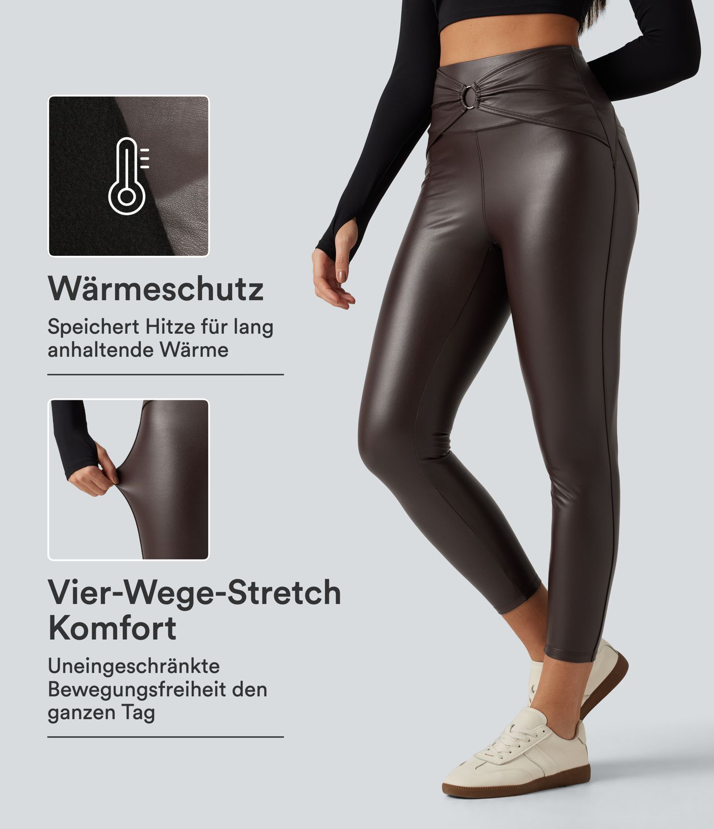 Geraffte Fleece-Yoga-Leggings aus elastischem Kunstleder mit hohem Bund und Gesäßtaschen Geraffte Fleece-Yoga-Leggings aus elastischem Kunstleder mit hohem Bund und Gesäßtaschen
