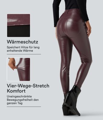 Lässige Fleece-Leggings aus elastischem Kunstleder mit hohem Bund, Gesäßtaschen und Schlangenmuster Lässige Fleece-Leggings aus elastischem Kunstleder mit hohem Bund, Gesäßtaschen und Schlangenmuster