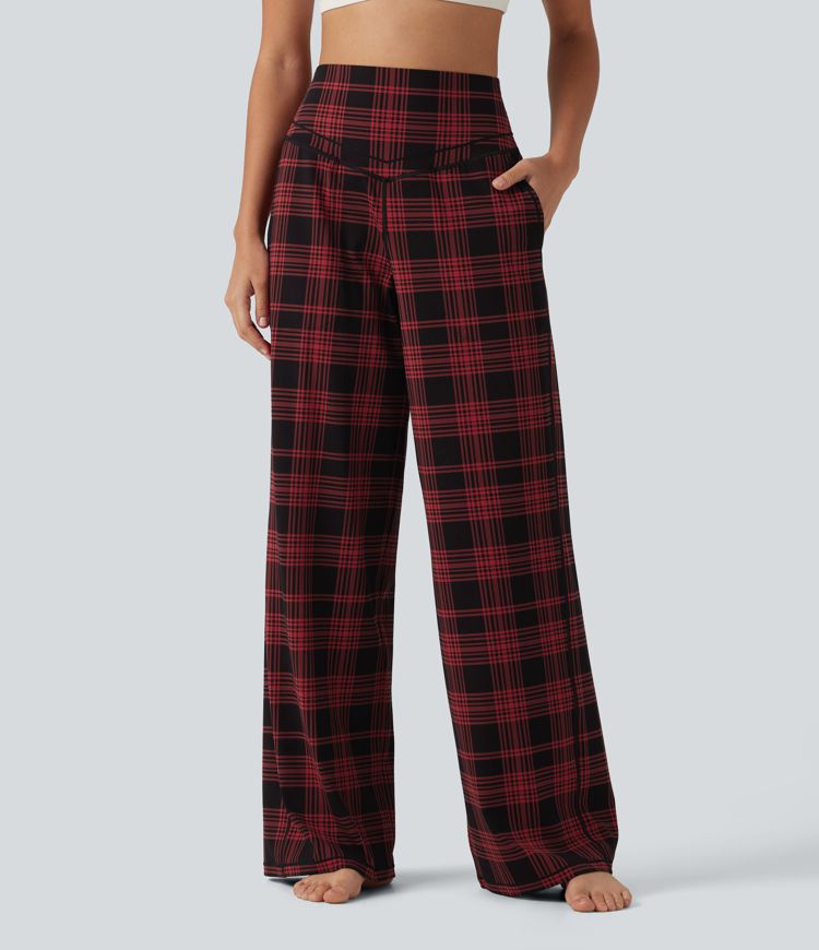High Waisted Tummy Control Plaid Straight Leg Yoga Pants with Pockets