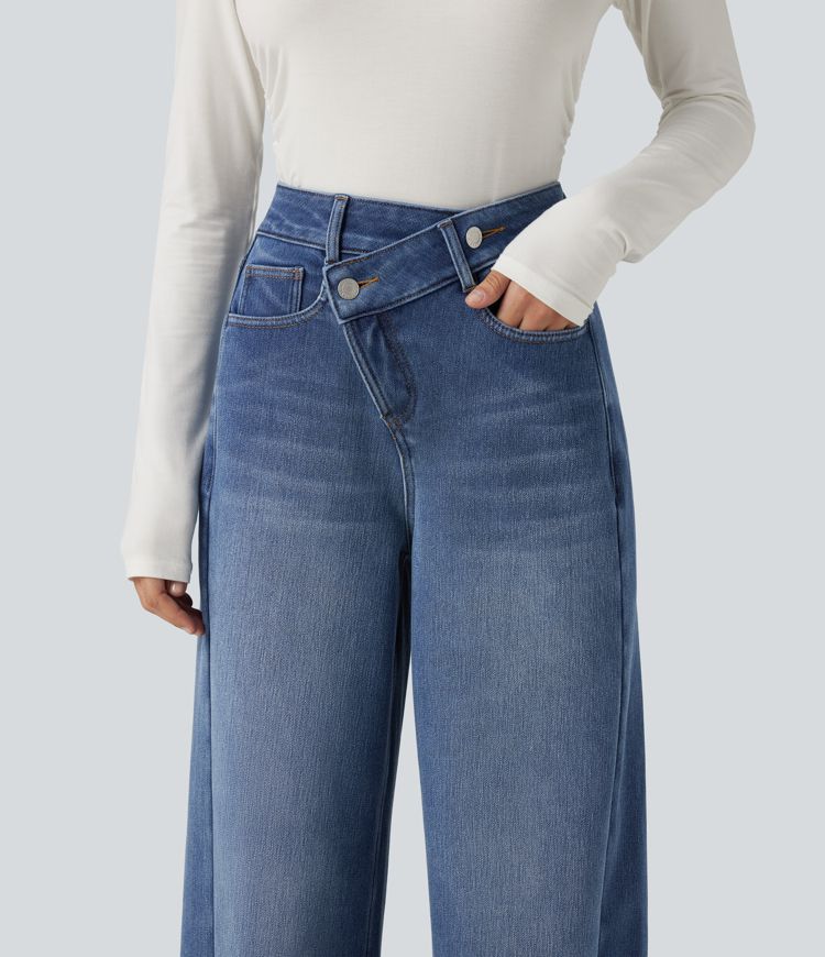 High Waisted Asymmetric Baggy Fleece Casual Cotton Jeans with Pockets