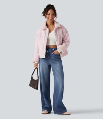 High Waisted Asymmetric Baggy Fleece Casual Cotton Jeans with Pockets