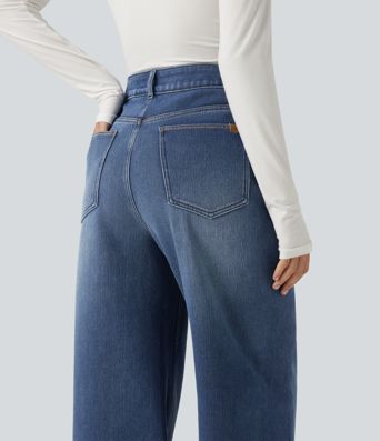 High Waisted Asymmetric Baggy Fleece Casual Cotton Jeans with Pockets