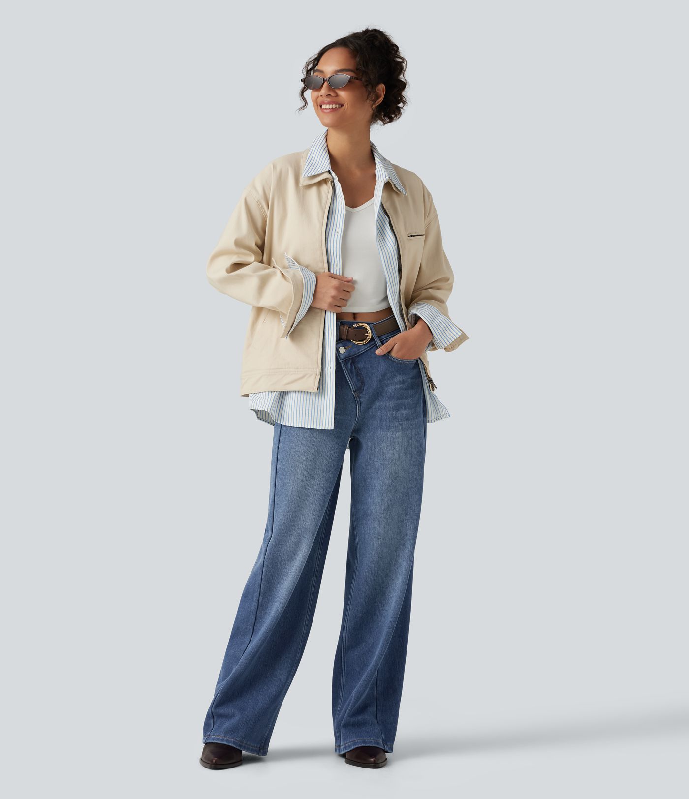 High Waisted Asymmetric Baggy Fleece Casual Cotton Jeans with Pockets