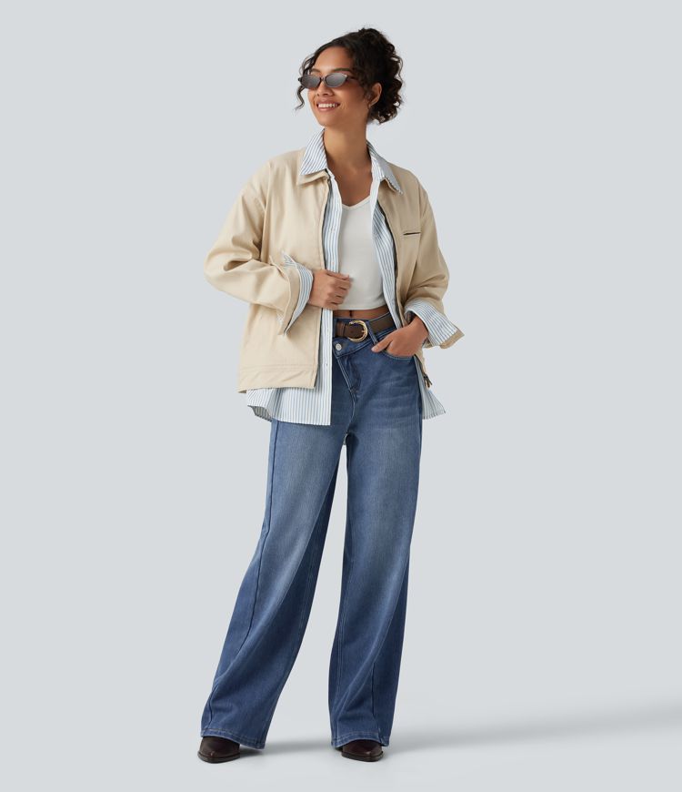 High Waisted Asymmetric Baggy Fleece Casual Cotton Jeans with Pockets