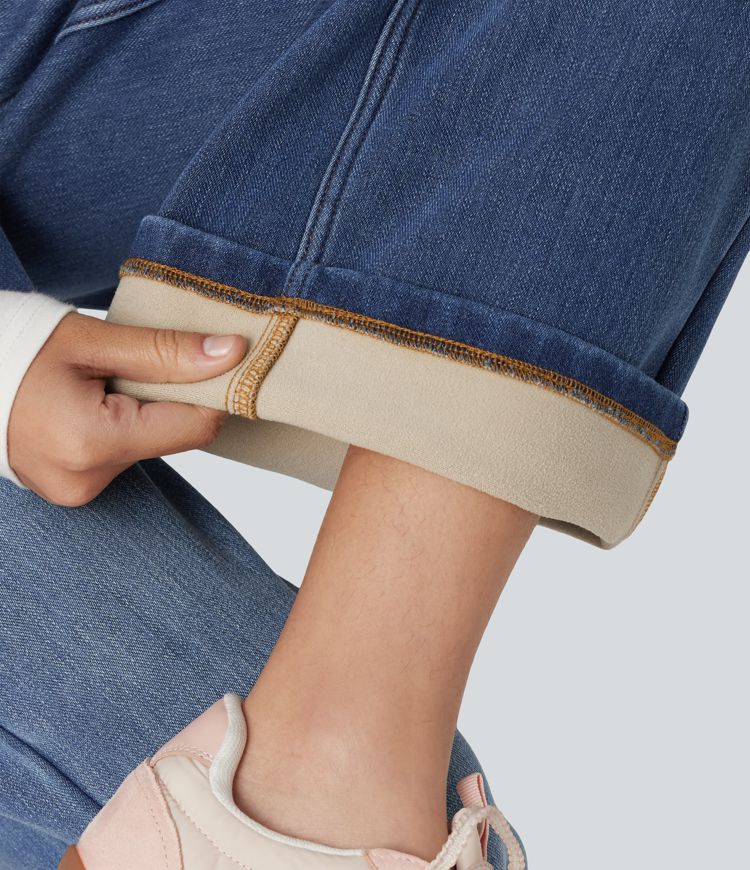 High Waisted Asymmetric Baggy Fleece Casual Cotton Jeans with Pockets
