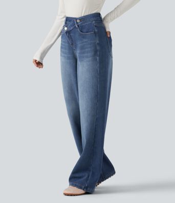 High Waisted Asymmetric Baggy Fleece Casual Cotton Jeans with Pockets