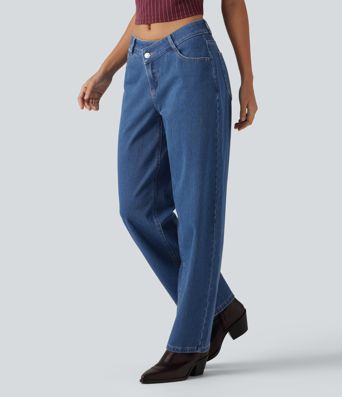 Halara Flex™ - Lässige Jeans mit mittelhohem Crossover-Bund, mehreren Taschen und geschwungenem Bein