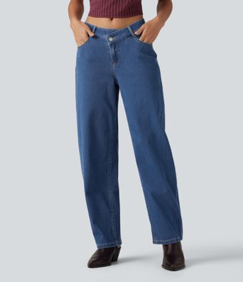 Halara Flex™ - Lässige Jeans mit mittelhohem Crossover-Bund, mehreren Taschen und geschwungenem Bein