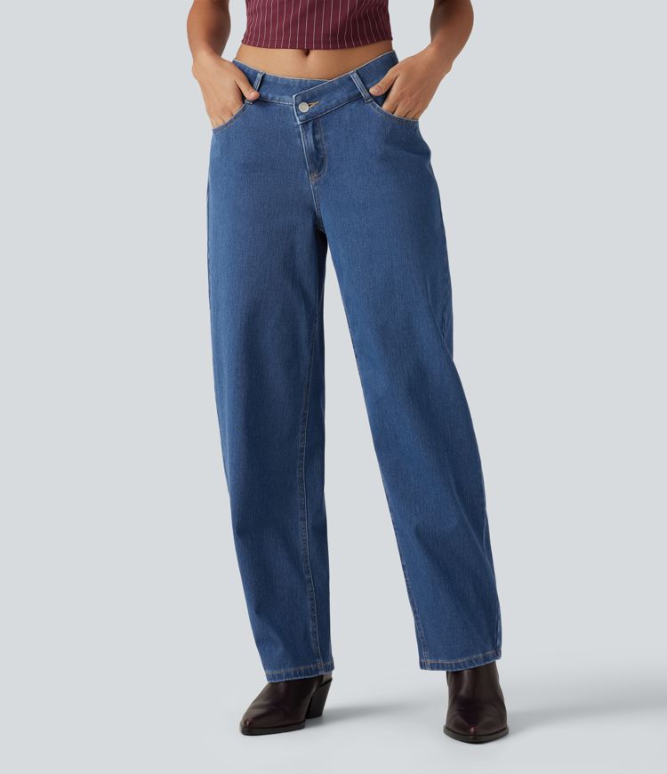 Halara Flex™ - Lässige Jeans mit mittelhohem Crossover-Bund, mehreren Taschen und geschwungenem Bein