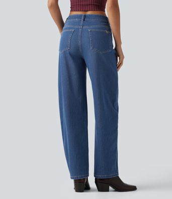 Halara Flex™ - Lässige Jeans mit mittelhohem Crossover-Bund, mehreren Taschen und geschwungenem Bein