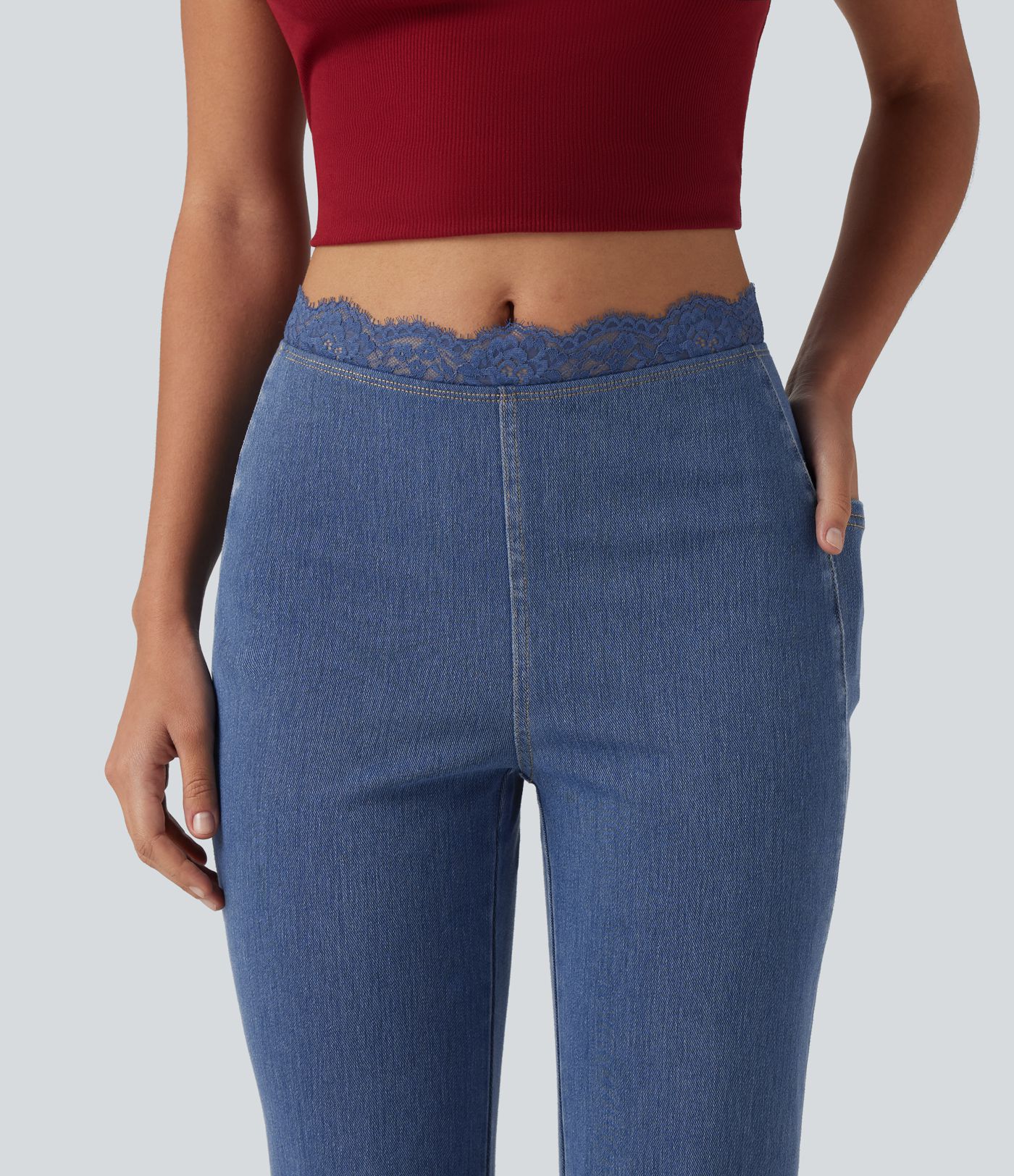 Halara Flex™ Mid Rise Flare Contrast Lace Casual Jean with Pockets Halara Flex™ Mid Rise Flare Contrast Lace Casual Jean with Pockets