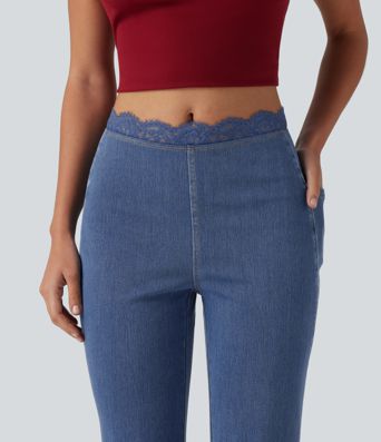 Halara Flex™ Mid Rise Flare Contrast Lace Casual Jean with Pockets Halara Flex™ Mid Rise Flare Contrast Lace Casual Jean with Pockets