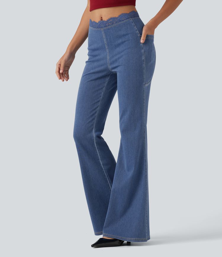 Halara Flex™ Mid Rise Flare Contrast Lace Casual Jean with Pockets Halara Flex™ Mid Rise Flare Contrast Lace Casual Jean with Pockets