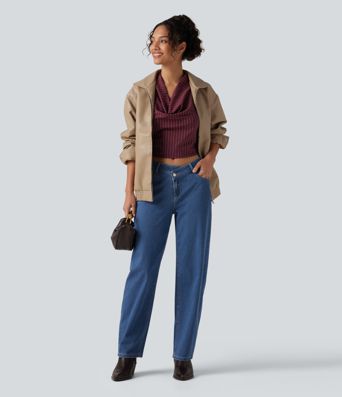Halara Flex™ - Lässige Jeans mit mittelhohem Crossover-Bund, mehreren Taschen und geschwungenem Bein